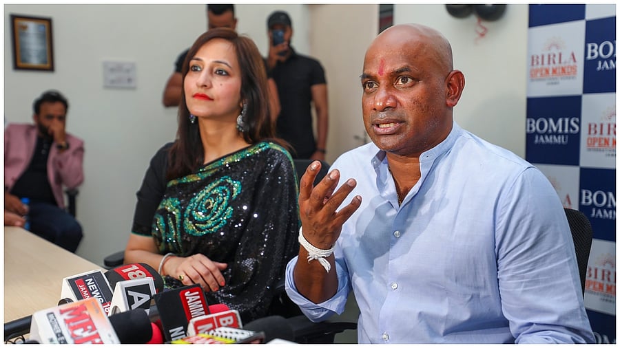 Former Sri Lankan cricketer Sanath Jayasuriya addresses a press conference. Credit: PTI Photo