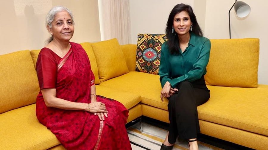 FM Sitharaman with First Deputy Managing Director Gita Gopinath. Credit: Twitter/@FinMinIndia