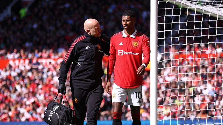 The 25-year-old, who has scored 28 goals for Erik ten Hag's side this season, limped out of the 2-0 Premier League win over Everton on Saturday. Credit: Reuters Photo