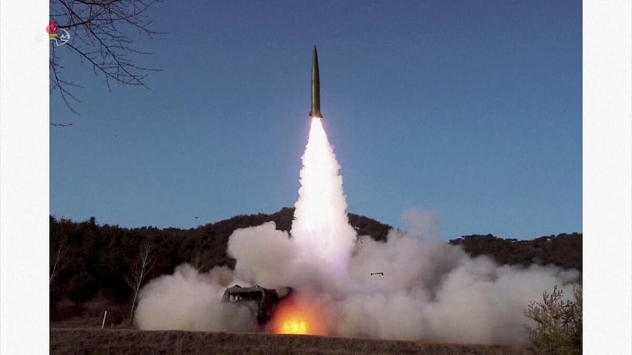 A screen grab shows shows a recent ballistic missile launch at an undisclosed location in this undated still image used in a video. Credit: Reuters Photo
