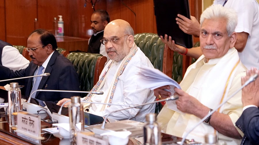 Union Home Minister Amit Shah chairs a high-level meeting to review security situation in Jammu and Kashmir. Credit: PTI Photo