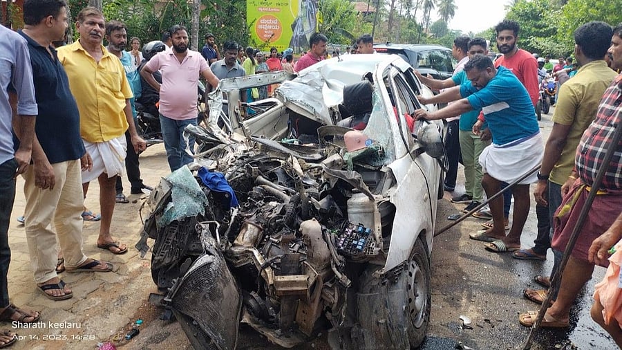 The mangled remains of a car which met with an accident at Sampaje. Credit: Special arrangement