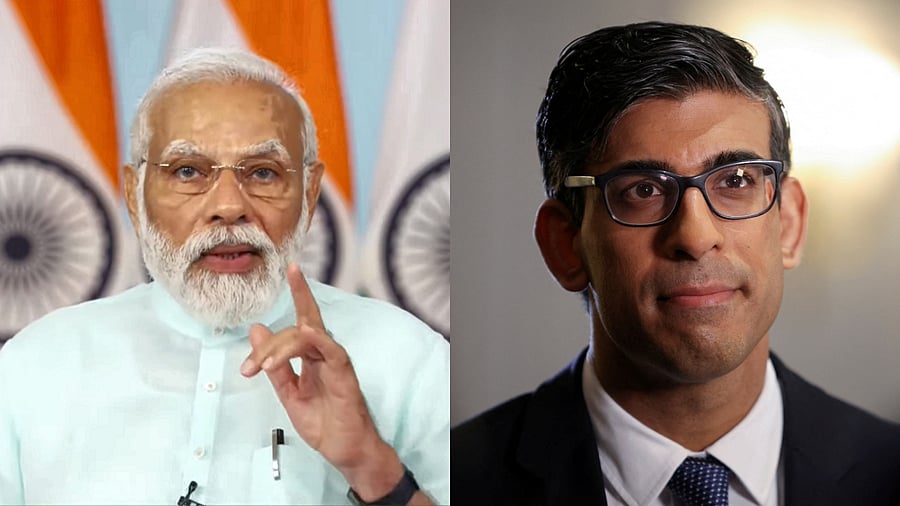 Prime Minister Narendra Modi and his British counterpart Rishi Sunak. Credit: PTI & Reuters Photos