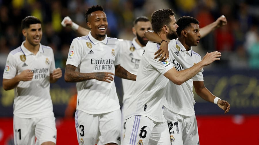 Estadio Nuevo Mirandilla, Cadiz, Spain - April 15, 2023 Real Madrid's Nacho celebrates scoring their first goal with Rodrygo and teammates. Credit: Reuters Photo