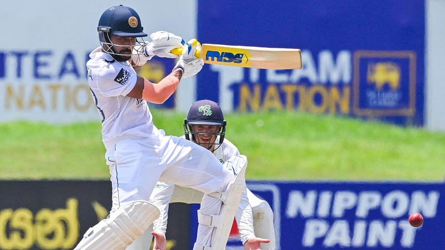 Sadeera Samarawickrama (L) plays a shot during the second day of the first cricket Test match between Sri Lanka and Ireland at the Galle. Credit: AFP Photo