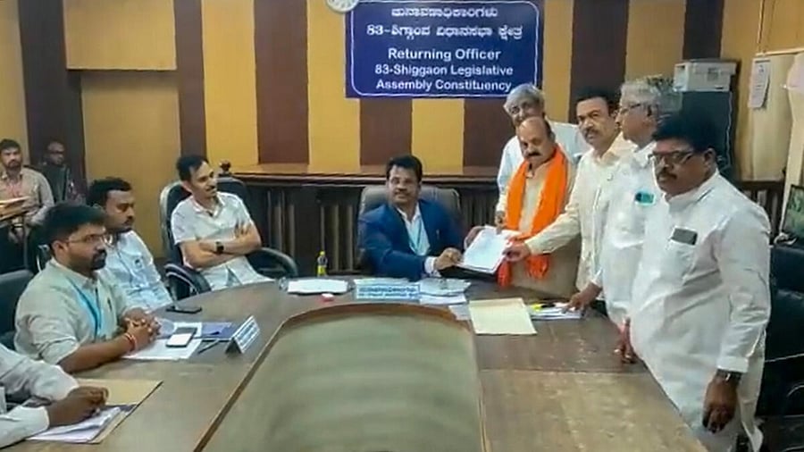 Karnataka Chief Minister Basavaraj Bommai files his nomination for Assembly polls from Shiggon constituency. Credit: PTI Photo