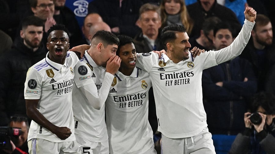 Real Madrid's Rodrygo celebrates scoring their second goal with Vinicius Junior, Federico Valverde and Dani Ceballos. Credit: Reuters Photo
