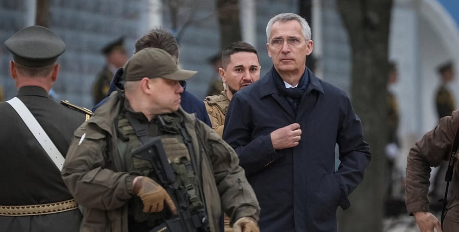 NATO Secretary-General Jens Stoltenberg visits the Wall of Remembrance to pay tribute to killed Ukrainian soldiers, amid Russia's attack on Ukraine, in Kyiv, Ukraine April 20, 2023. Credit: Reuters Photo