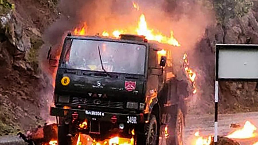 Sources said the kerosene-carrying vehicle caught fire after it got hit by grenades. Credit: PTI Photo