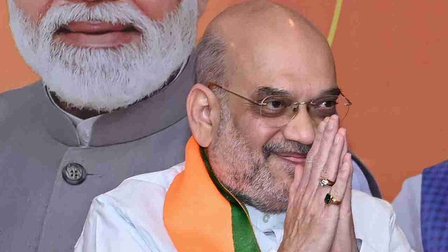 Union Home Minister Amit Shah during a press conference, in Hubballi. Credit: PTI Photo