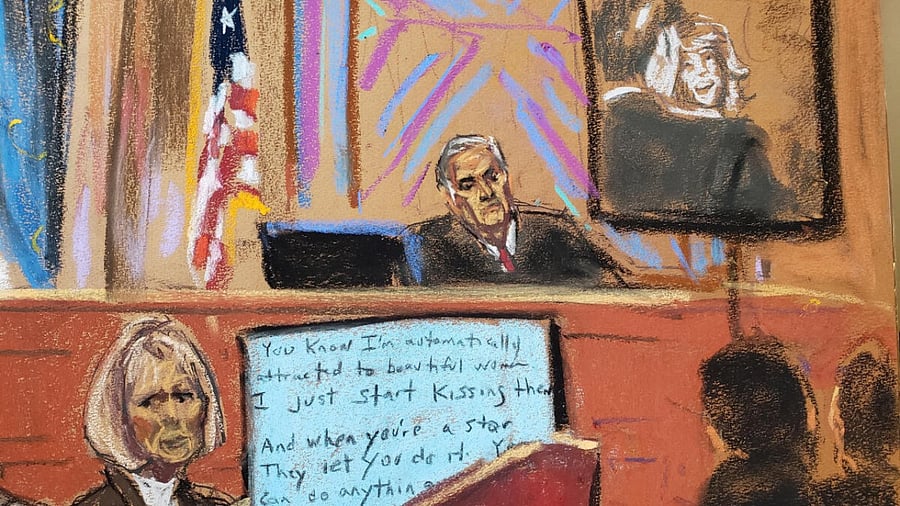 Former Elle magazine advice columnist E. Jean Carroll watches as her lawyer Shawn G. Crowley makes opening statements before U.S. District Judge Lewis Kaplan in a civil trial to decide whether former U.S. President Donald Trump raped Carroll in a Bergdorf Goodman department store dressing room in the mid-1990s, and defamed her by denying it happened, in New York, US, April 25, 2023 in this courtroom sketch. Credit: Reuters Photo