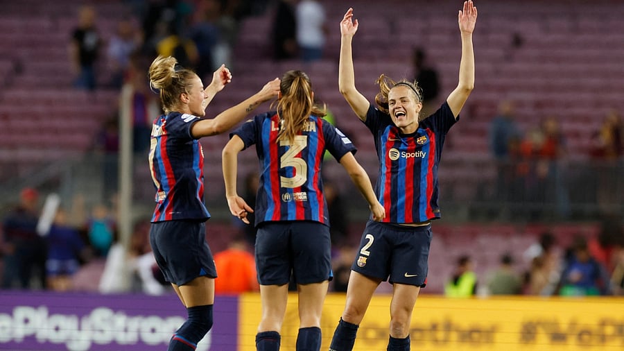 FC Barcelona's Irene Paredes celebrates with teammates after the match with Chelsea. Credit: Reuters Photo