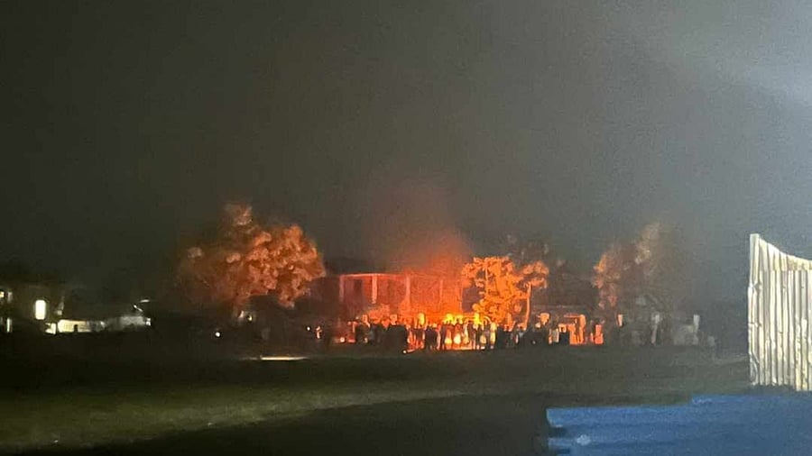 An unruly mob on Thursday night vandalised and set on fire the venue where the CM was supposed to attend a programme. Credit: Twitter/@ANI