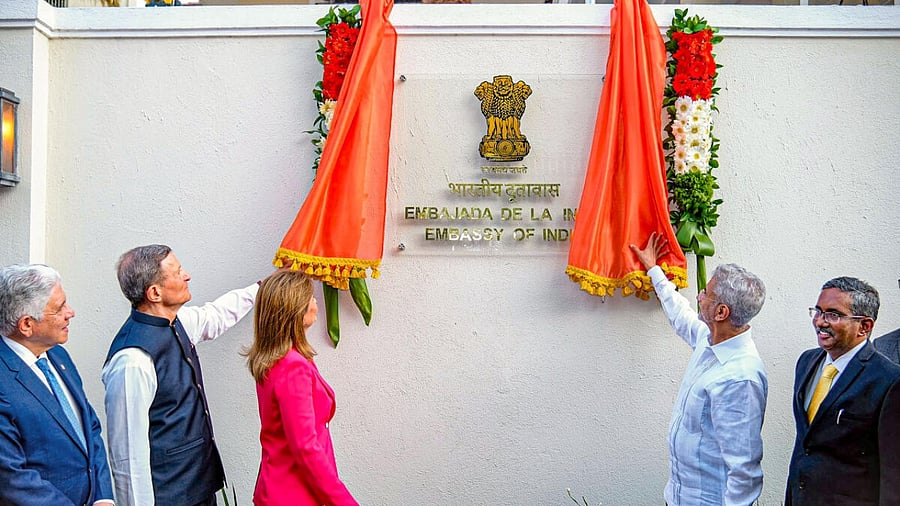 External Affairs Minister S. Jaishankar with Dominican Republic's Vice President Raquel Pena and Foreign Minister Roberto Alvarez during the inauguration of the Embassy of India in the Dominican Republic, in Santo Domingo. Credit: PTI Photo