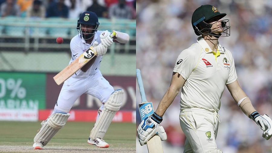 Cheteshwar Pujara. Credit: AFP File Photo; Steve Smith. Credit: AP/PTI Photo