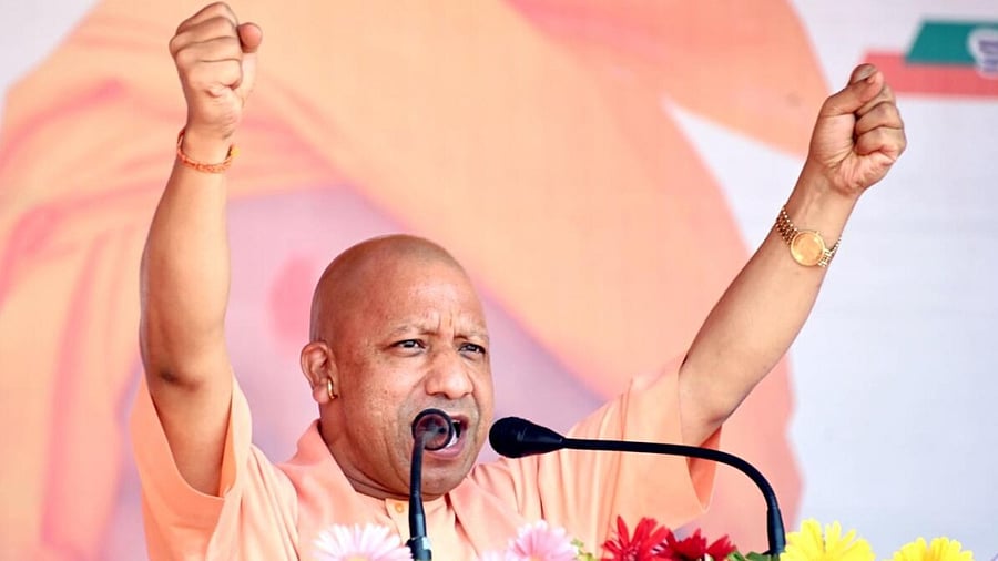 Yogi Adityanath at a public rally ahead of local bodies election in Prayagraj. Credit: PTI Photo