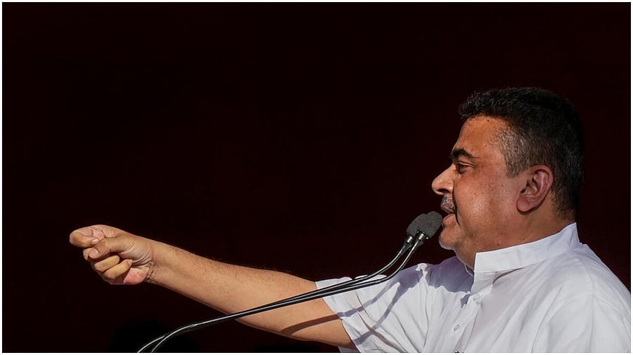 Kolkata: Leader of Opposition in West Bengal Assembly Suvendu Adhikari during BJP's protest dharna against the TMC Government of the state over post-poll violence in past two years, in Kolkata, Tuesday, May 2, 2023. Credit: PTI Photo