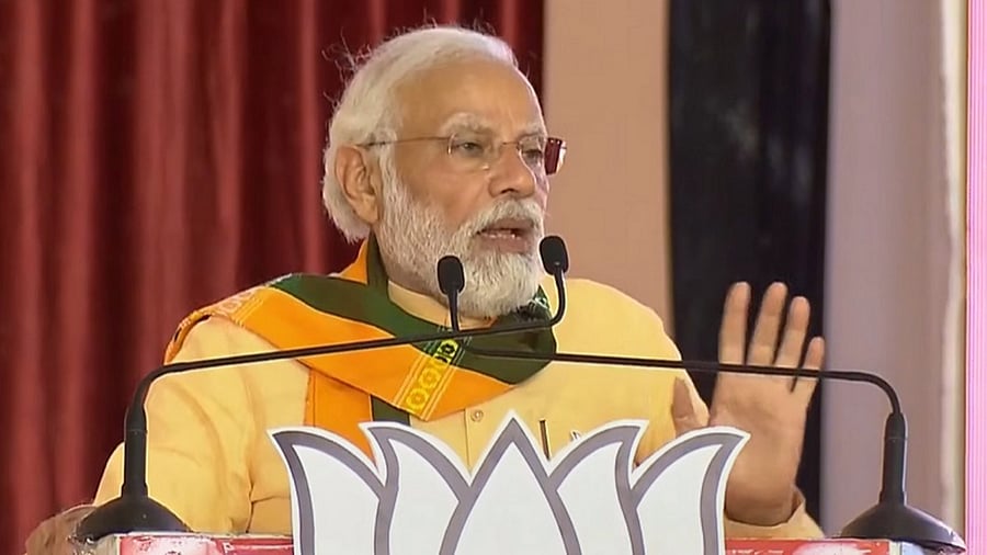 Prime Minister Narendra Modi addresses a public rally ahead of Assembly polls, in Haveri, Saturday, May 6, 2023. Credit: PTI Photo
