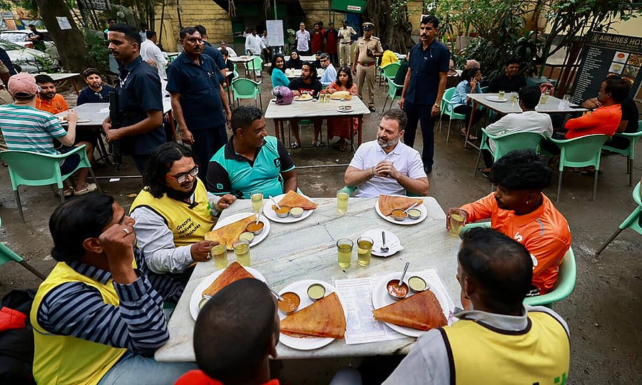 Congress leader Rahul Gandhi at a restaurant in Bengaluru on Sunday. Credit: PTI Photo