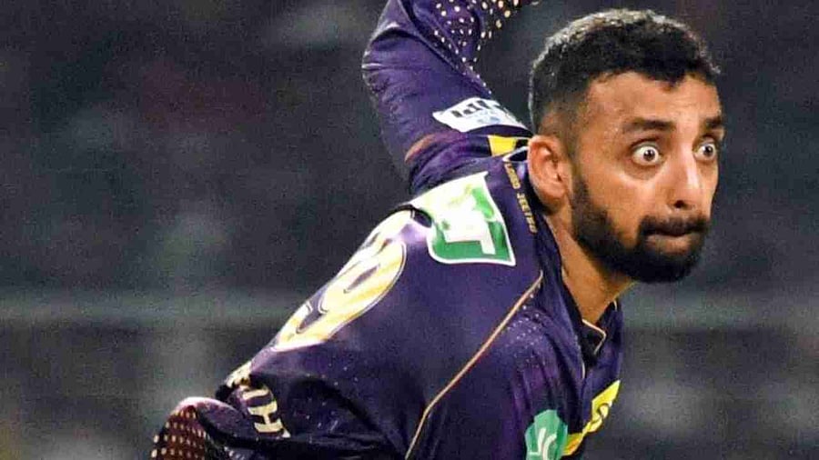 KKR's bowler Varun Chakaravarthy bowls during the IPL 2023 match between Kolkata Knight Riders and Punjab Kings, at Eden Gardens, in Kolkata, on Monday, May 08, 2023. Credit: IANS Photo