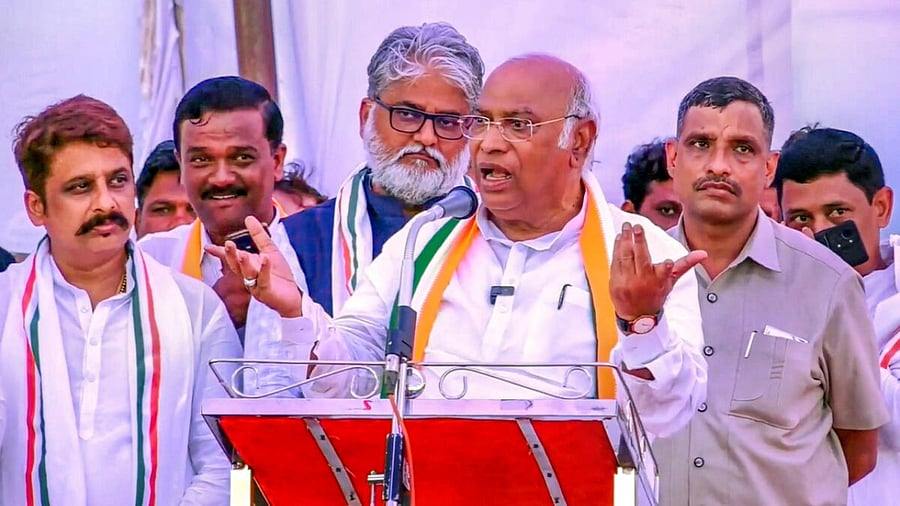 Congress President Mallikarjun Kharge addresses a public meeting ahead of Karnataka assembly elections. Credit: PTI Photo