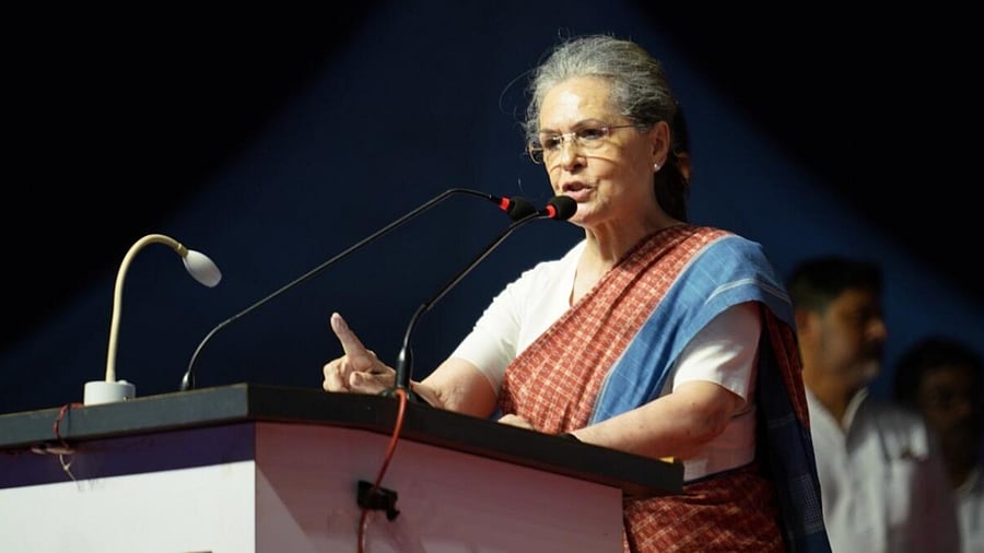 Senior Congress leader Sonia Gandhi addresses during a public meeting ahead of Karnataka Assembly Election, in Dharwad, Saturday, May 6, 2023. Credit: IANS Photo