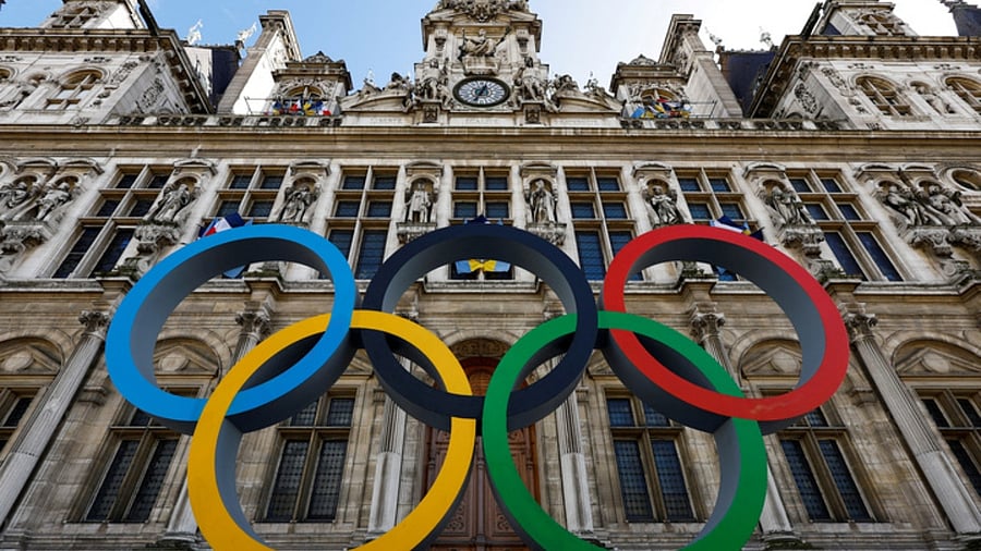 The Olympic rings are seen in front of the Hotel de Ville City Hall in Paris, France, March 14, 2023. Credit: AFP File Photo