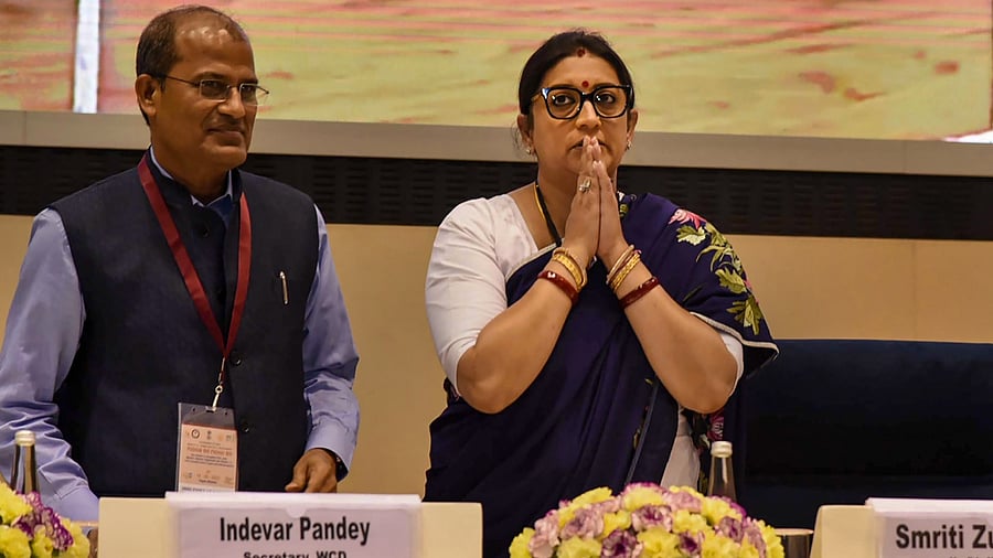Union Minister for Women & Child Development and Minority Affairs Smriti Irani attends the 'Poshan Bhi Padhai Bhi' event on ECCE Training of Anganwadi Worker, at Vigyan Bhawan in New Delhi, Wednesday, May 10, 2023. Credit: PTI Photo