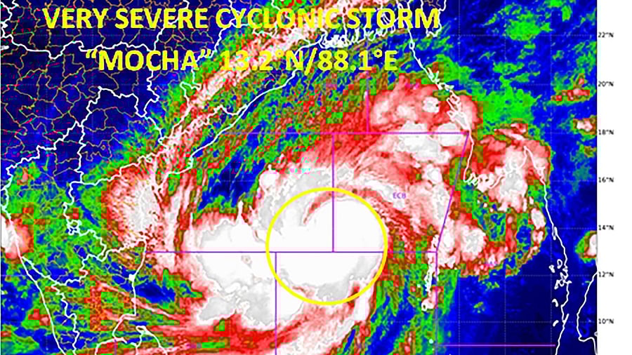 The cyclone Mocha lay centered at 0230 hours IST of 12th May 2023 over Southeast adjoining Central Bay of Bengal about 520 km west-northwest of Port Blair. Credit: PTI Photo
