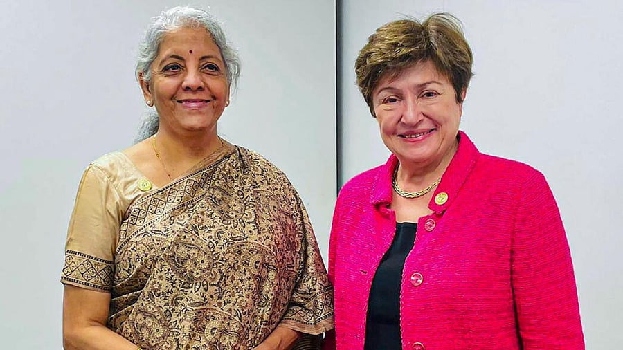 Union Finance Minister Nirmala Sitharaman meets IMF MD K Georgieva on the sidelines of the G7 Finance Ministers and Central Bank Governors meeting, in Niigata, Japan, Friday. Credit: PTI Photo
