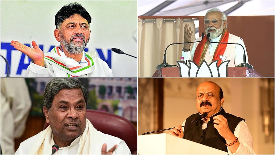Karnataka Elections 2023 Result: Prime Minister Narendra Modi (Right Top), DK Shivakumar (Left Top), Siddaramaiah (Left Bottom) and incumbent Karnataka CM Basavaraj Bommai (Right Bottom).