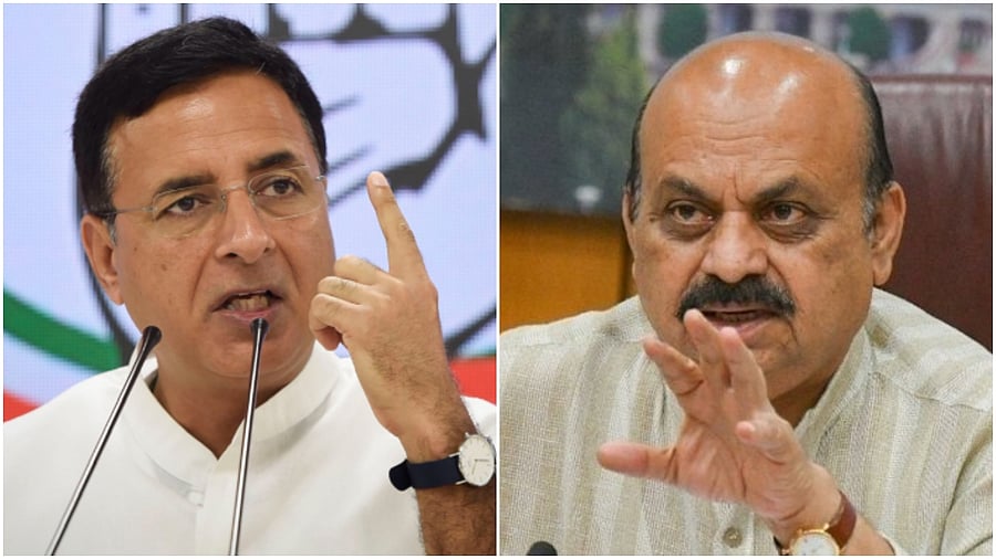 Congress leader Randeep Singh Surjewala (L) and Karnataka incumbent CM Basavaraj Bommai. Credit: PTI File photo