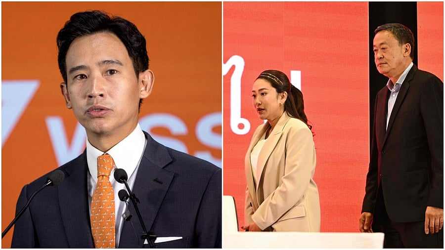Move Forward Party leader and prime ministerial candidate Pita Limjaroenrat (left); Pheu Thai Party's prime ministerial candidates Paetongtarn Shinawatra and Srettha Thavisin. Credit: AFP Photos