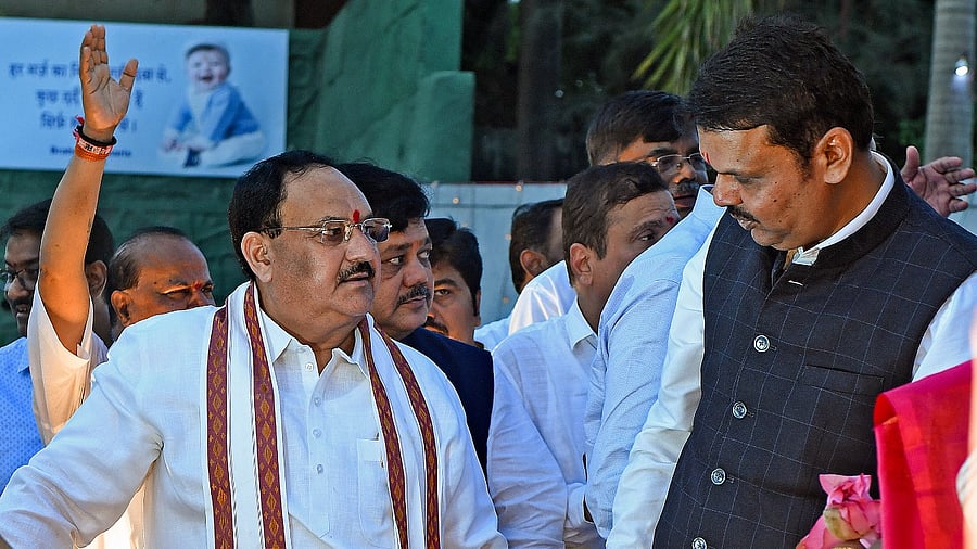 BJP National President JP Nadda with Maharashtra Deputy Chief Minister Devendra Fadnavis during his visit to Mumbai. Credit: PTI Photo