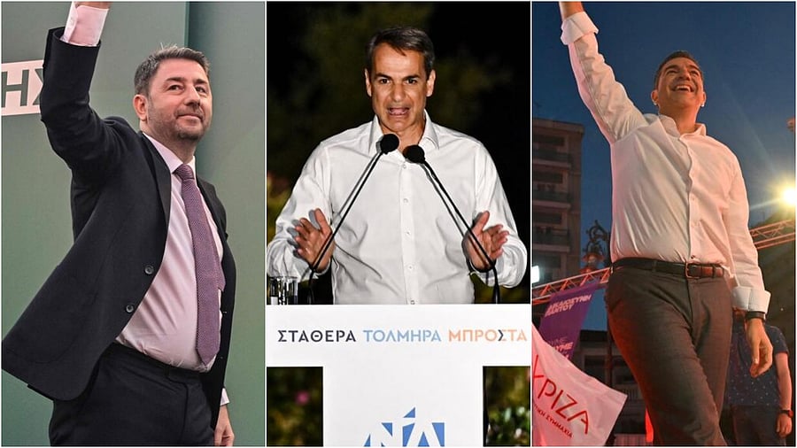 Nikos Androulakis of the Socialists(L), Kyriakos Mitsotakis of New Democracy(C) and Alexis Tsipras of leftist Syriza(R). Credit: Reuters Photo