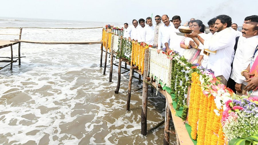Machilipatnam Port construction works launched by Andhra Pradesh CM. Credit: Twitter/@AndhraPradeshCM