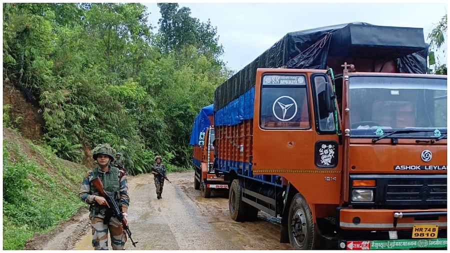 <div class="paragraphs"><p>Army personnel providing security to a truck on NH-37 in Manipur.</p></div>