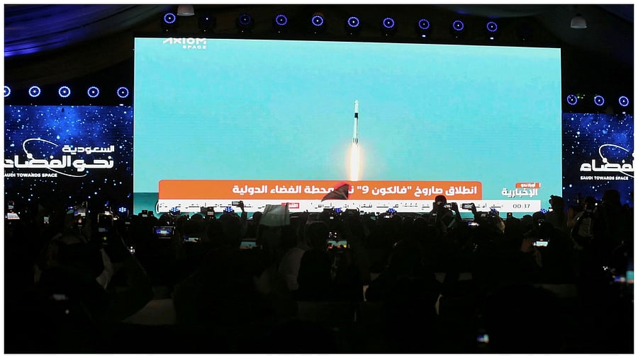 Saudis watch as SpaceX Falcon 9 and Dragon capsule blasts off, during Axiom Mission 2 (Ax-2), carrying four astronauts, two of whom are Saudi nationals, to the International Space Station. Credit: Reuters