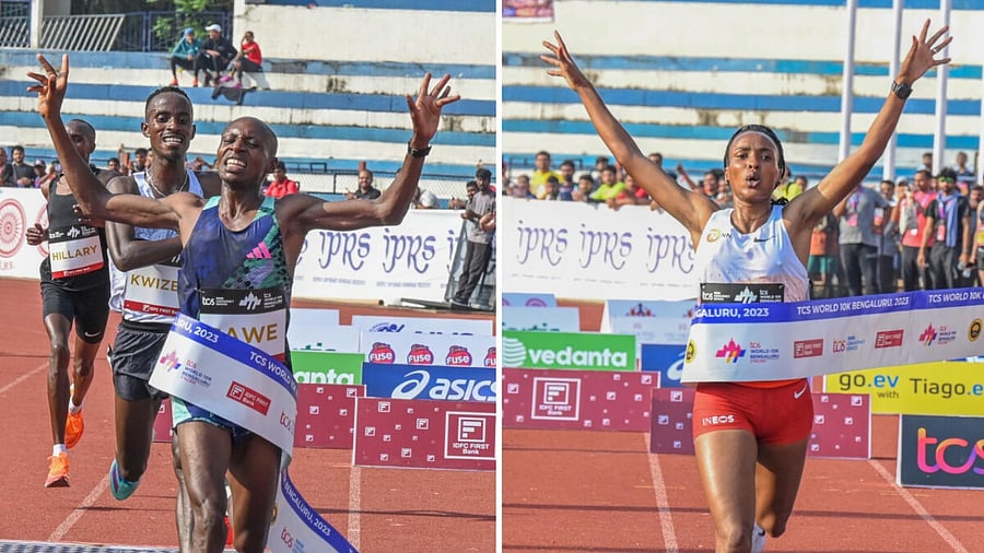 Sabastian Sawe of Kenya (left) and Tsehay Gemechu of Ethiopia rush past the finishing line to win the elite men’s and women’s race of the TCS World 10K Bengaluru at Sree Kanteerava Stadium on Sunday. Credit: DH Photo