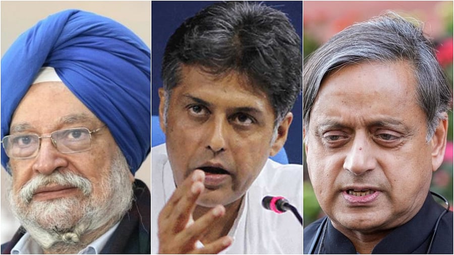 Hardeep Singh Puri (L); Manish Tiwari (C); Shashi Tharoor (R). Credit: PTI, DH Photos