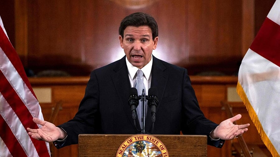 Florida Governor Ron DeSantis answers questions from the media following his "State of the State" address at the Florida State Capitol in Tallahassee, Florida, on March 7, 2023. Credit: AFP Photo