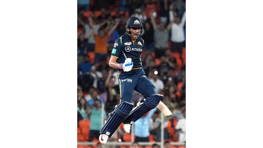 GT's batsman Shubman Gill celebrates his century during the IPL 2023 second qualifier match between Gujarat Titans and Mumbai Indians at Narendra Modi Stadium. Credit: IANS Photo