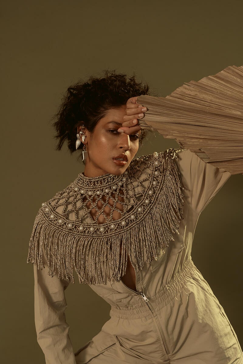 Ensembles by Jenita Vora, founder of macrame clothing and accessories brand Terra Living, Ahmedabad, also work as accessories.