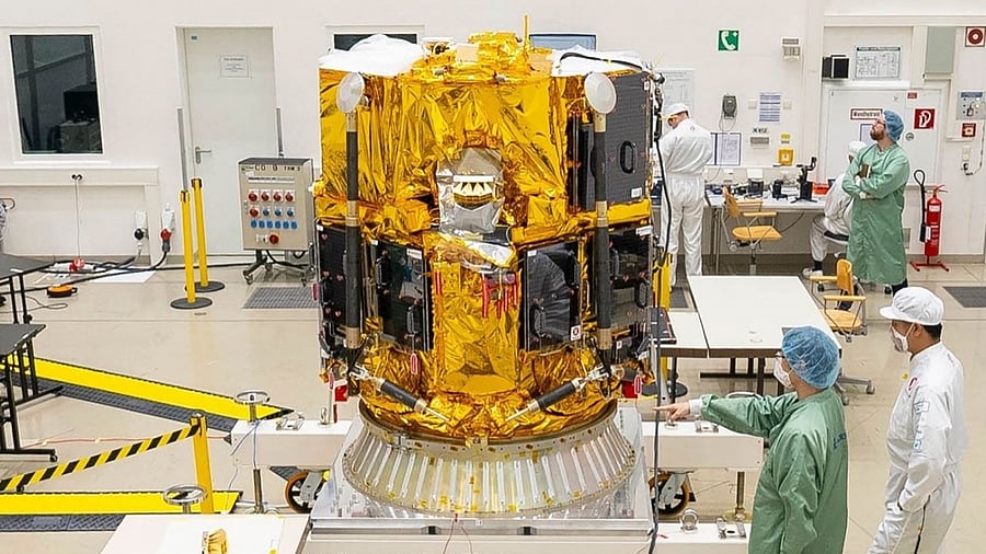 This undated handout photo released by Japanese firm ispace on April 25, 2023 shows the Hakuto-R Mission 1 lander assembled at the IABG Space Test Centre in Germany. Credit: AFP Photo