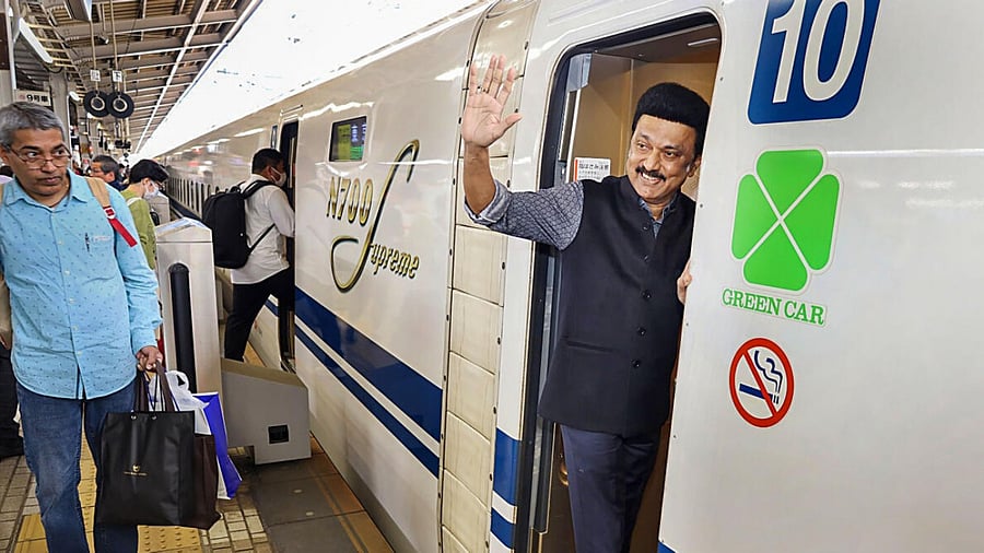 M K Stalin undertook a 500-km bullet train journey in Japan. Credit: Twitter/@mkstalin