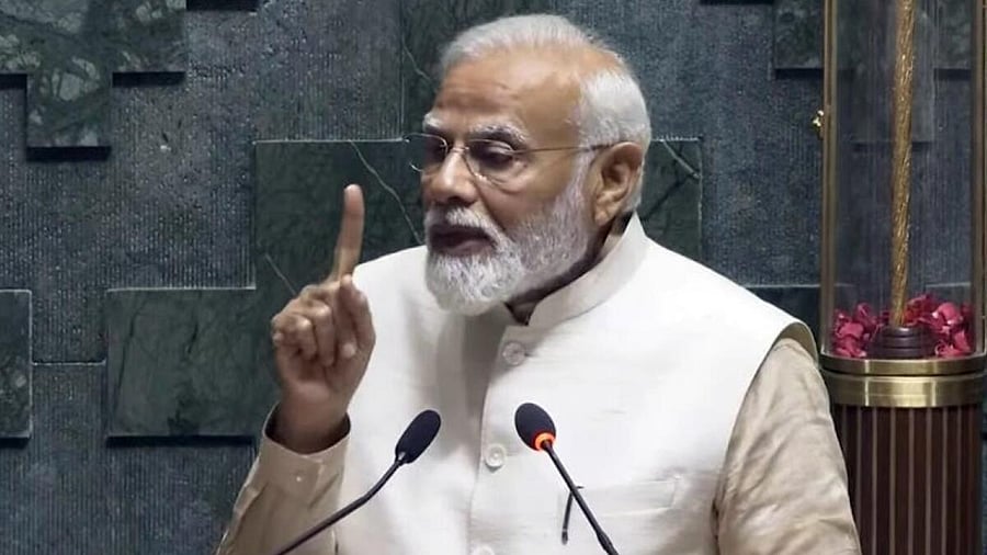 PM Modi speaks at the inauguration of the new Parliament building. Credit: IANS Photo