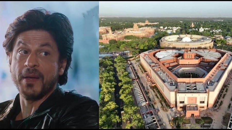 Shah Rukh Khan (L); The new Parliament building, Credit: IANS Photo