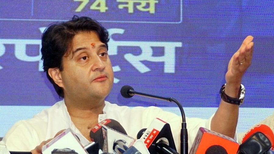  Union Minister Jyotiraditya Madhavrao Scindia addresses a press conference at BJP Delhi office, in New Delhi. Credit: PTI Photo