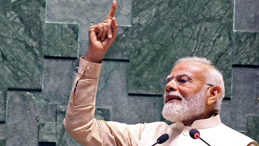 Prime Minister Narendra Modi speaking during the inauguration ceremony of the new Parliament building in New Delhi. Credit: AFP Photo