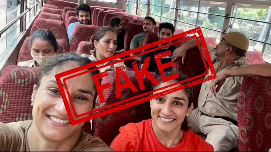 The allegedly morphed photograph shows Asian and Commonwealth Games medallist Vinesh Phogat, a prominent leader of the protesting wrestlers, and her sister Sangeeta Phogat smiling after being detained and taken away by the police. Credit: Twitter/@BajrangPunia